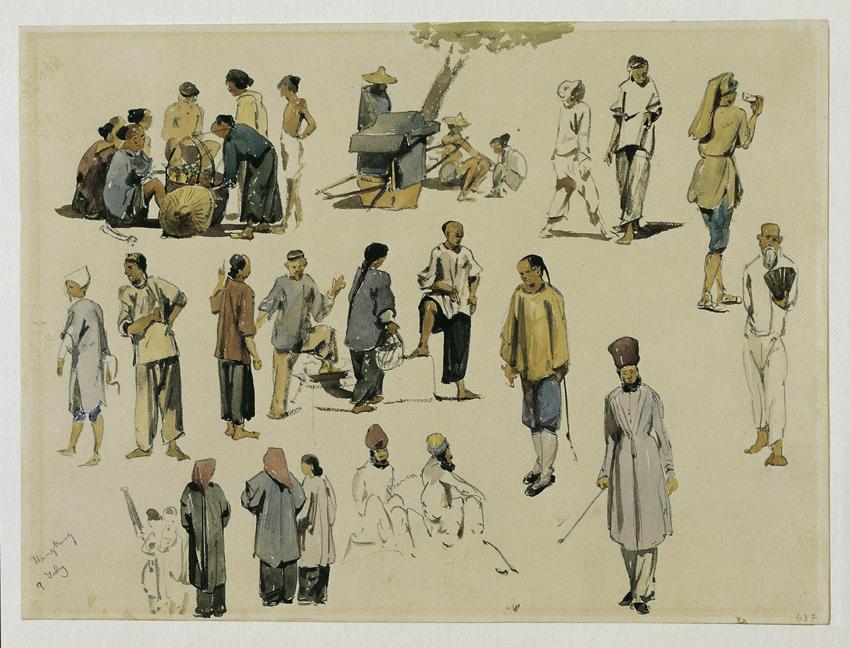 Joseph Selleny, Figurenstudien von Chinesen, 1858, Bleistift, Aquarell auf Papier, 20,5 x 27,5 …