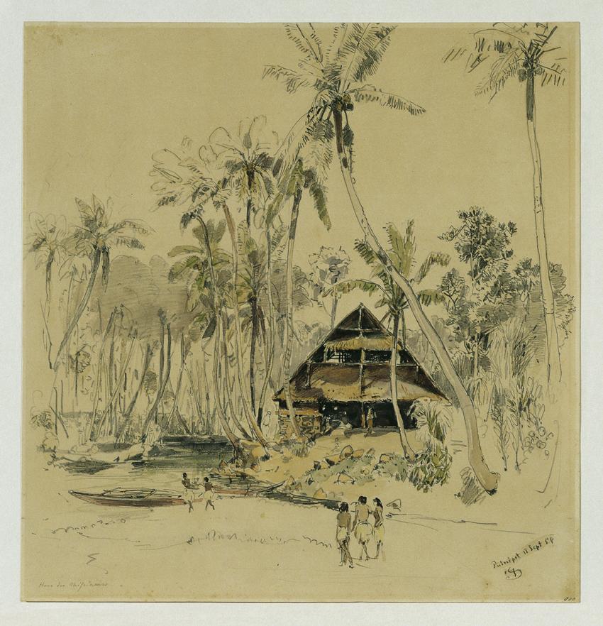 Joseph Selleny, Das Haus des Missionars auf der Insel Puinipet (Ponape), Caroline Islands, 1858…
