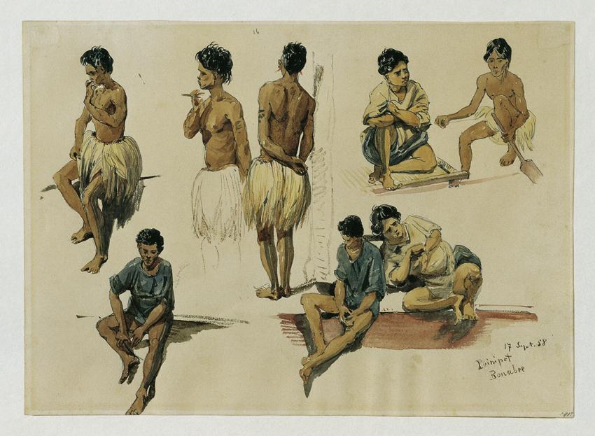 Joseph Selleny, Eingeborene der Insel Puinipet (Ponape), Caroline Islands, 1858, Bleistift, Aqu…