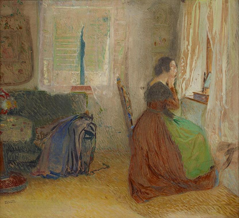 Sigmund Walter Hampel, Zimmer in einem alten Forsthaus, um 1905, Öl, Tempera auf Karton, 41,5 x…