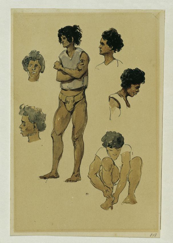 Joseph Selleny, Eingeborene der Stewart Island (Stewartinsel), 1858, Bleistift, Aquarell auf Pa ...