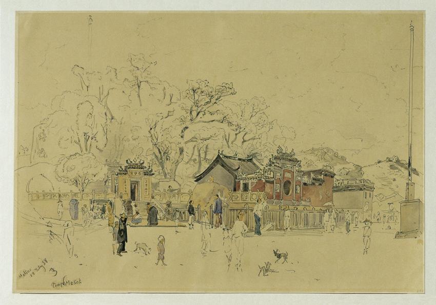 Joseph Selleny, Der Tempelhain Makok auf der Halbinsel Macao, 1858, Bleistift, Aquarell auf Pap…