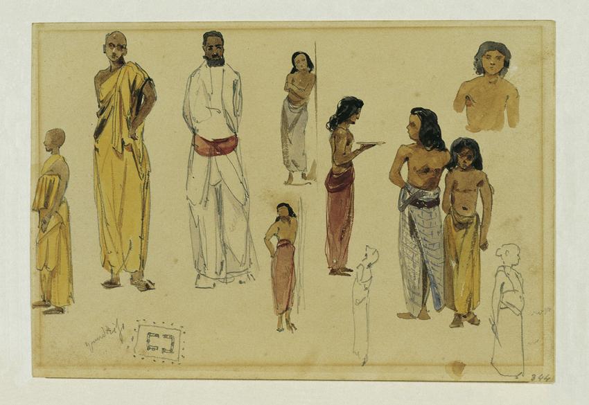 Joseph Selleny, Singhalesische Priester auf Ceylon, 1858, Bleistift, Aquarell auf Papier, 12,4 …