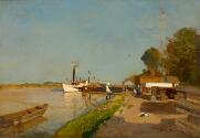 Emil Jakob Schindler, Die Dampfschiffstation an der Donau gegenüber Kaisermühlen, um 1871/1872,…