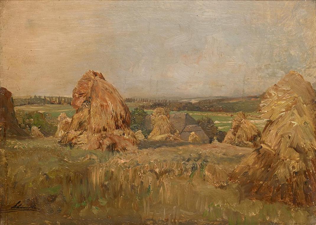 Emil Jakob Schindler, Erntemonat in Plankenberg, um 1890, Öl auf Holz, 26,5 x 36 cm, Belvedere,…