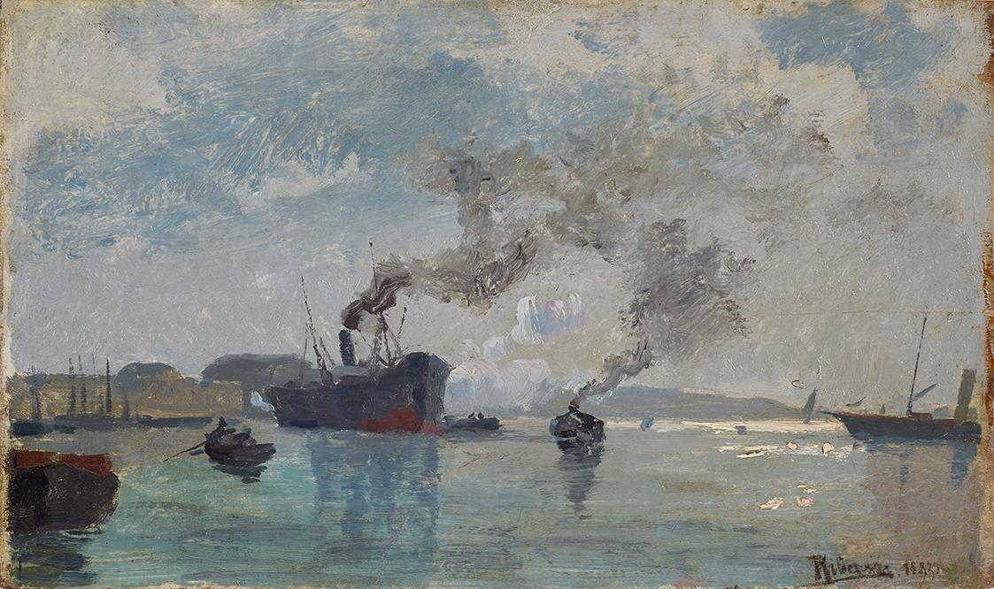 Rudolf Ribarz, Schiffe im Hafen, 1882, Öl auf Holz, 13,5 x 23,5 cm, Belvedere, Wien, Inv.-Nr. 5…