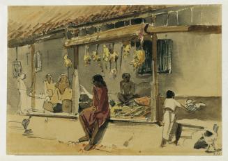 Joseph Selleny, Marktszene (Hühnerhändler) in Point de Galle auf Ceylon (Sri Lanka), 1858, Blei…