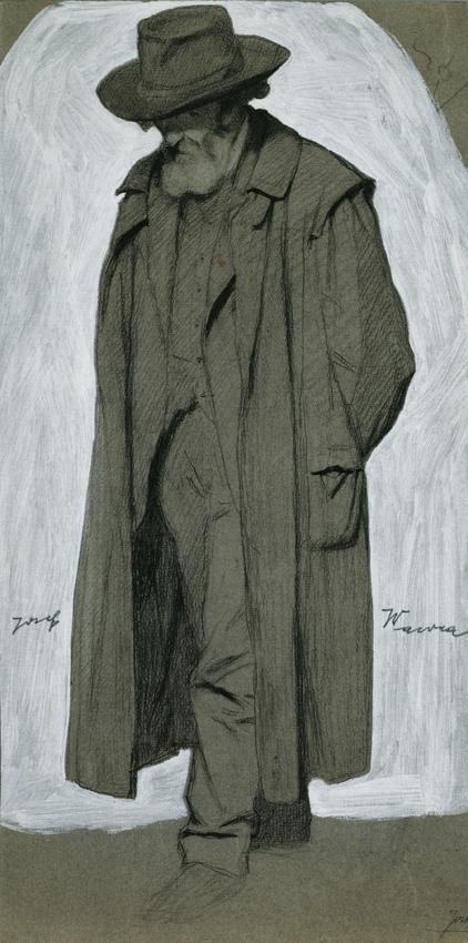 Josef Wawra, Prof. Rudolf Bacher, undatiert, Kreide, Deckweiß auf grauem Karton, 35 x 17,5 cm, …