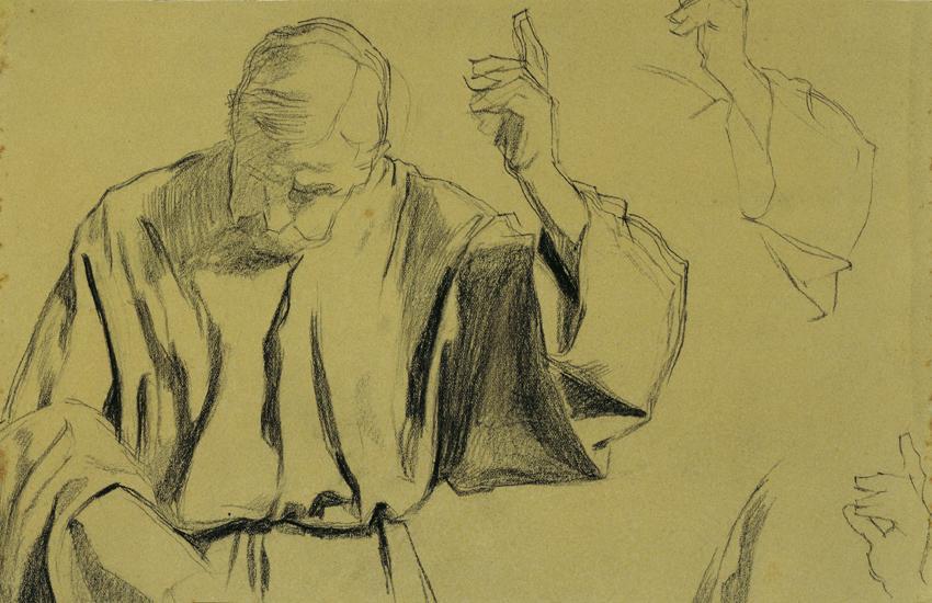 Josef Wawra, Draperiestudie für das Gemälde "Christi Himmelfahrt", undatiert, Kreide auf Karton…