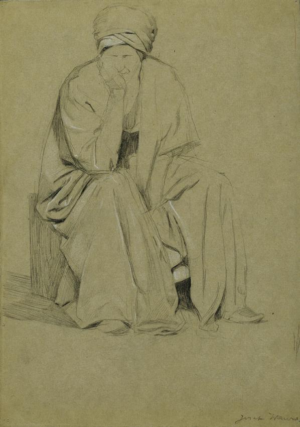 Josef Wawra, Sitzender Mann mit Turban, undatiert, Bleistift auf Papier, weiß gehöht, 35 x 25 c…