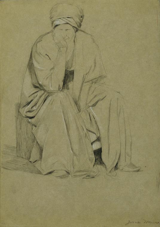 Josef Wawra, Sitzender Mann mit Turban, undatiert, Bleistift auf Papier, weiß gehöht, 35 x 25 c…