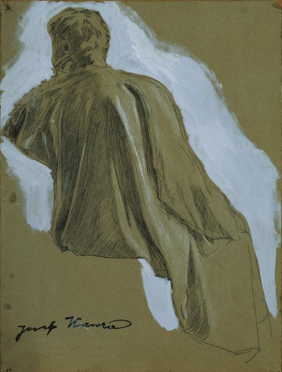 Josef Wawra, Sitzender Mann (Draperiestudie), undatiert, Feder, Deckweiß auf Papier, 32 x 24 cm…