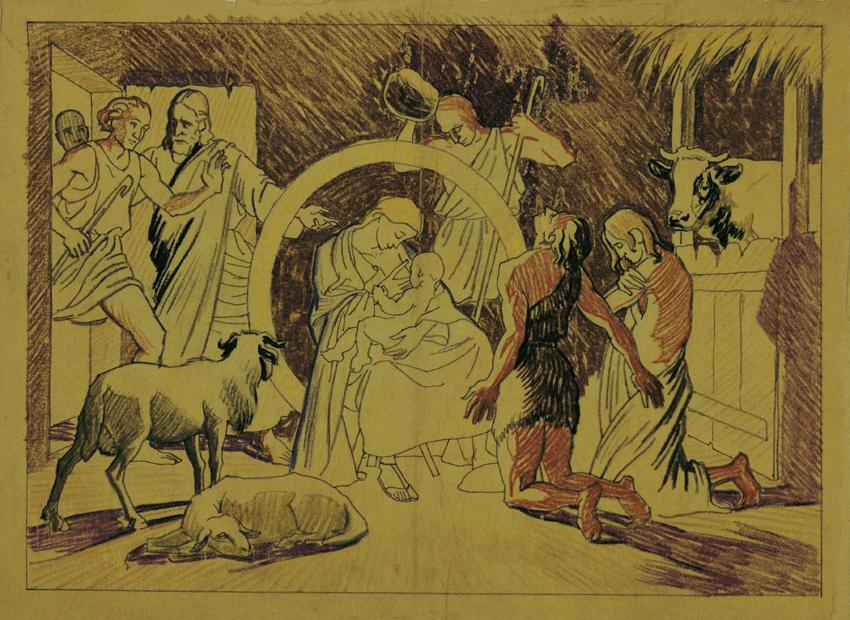 Josef Wawra, Heilige Familie mit Hirten, undatiert, Bleistift, Buntstift auf Pauspapier, 20 x 2…