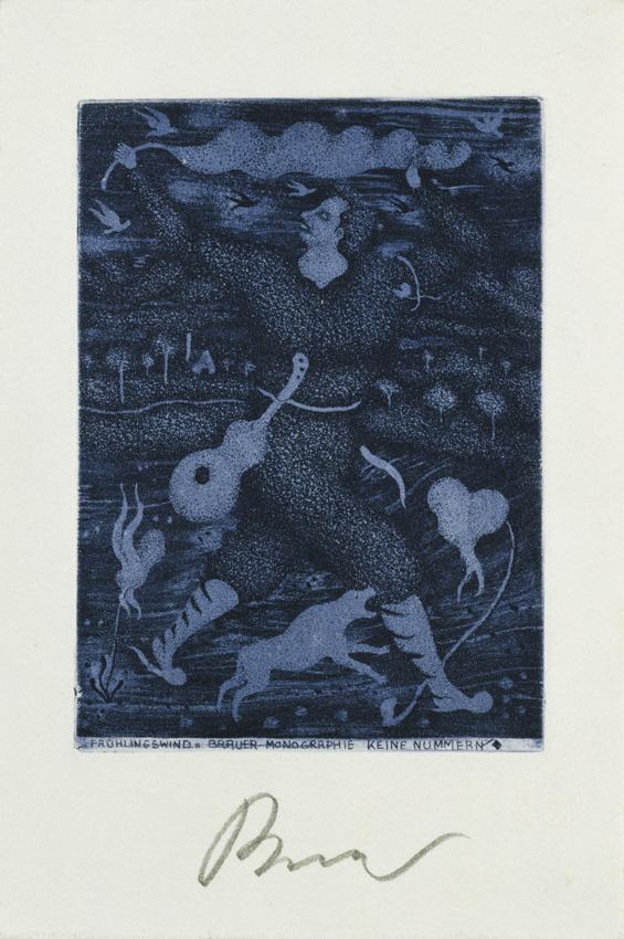 Arik Brauer, Frühlingswind, um 1984, Farbradierung, Blattmaße: 17 x 11 cm, Plattenmaße: 11,8 x …
