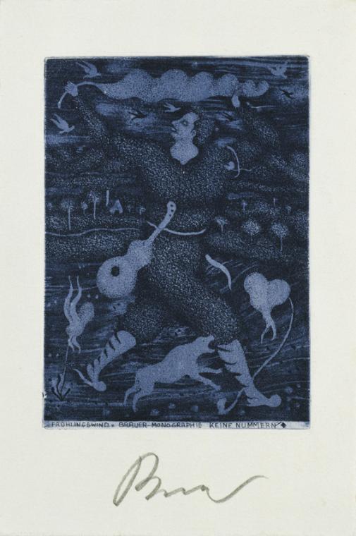 Arik Brauer, Frühlingswind, um 1984, Farbradierung, Blattmaße: 17 x 11 cm, Plattenmaße: 11,8 x …
