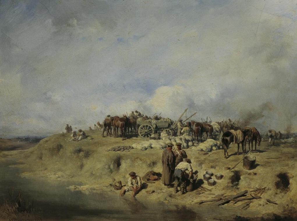 August von Pettenkofen, Biwak russischer Soldaten, 1852, Öl auf Karton, 24 x 31,5 cm, Belvedere…