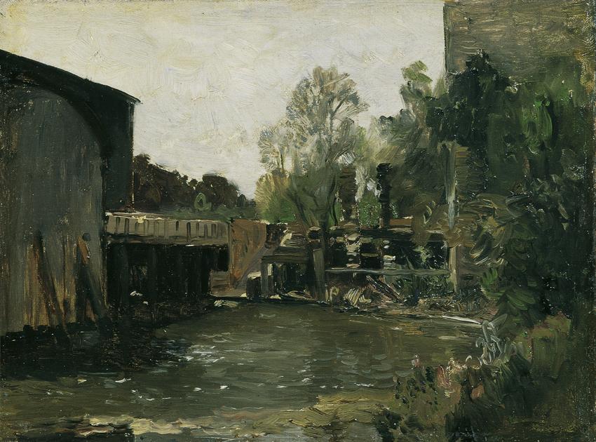 Emil Jakob Schindler, Mühlwehr in Plankenberg, um 1889/1891, Öl auf Leinwand, 25 x 34 cm, Belve…
