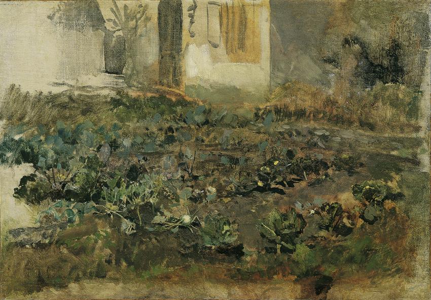 Emil Jakob Schindler, Kohlrübenfeld, um 1888, Öl auf Leinwand, 27 x 38,5 cm, Belvedere, Wien, I…