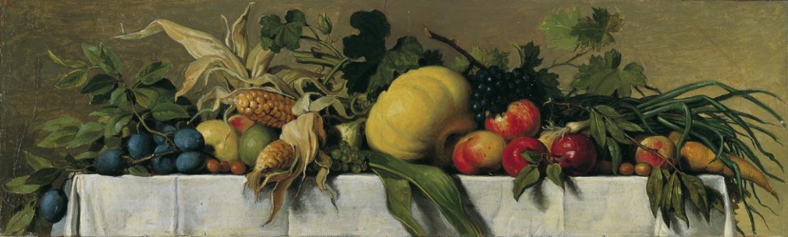 Johann Peter Krafft, Stillleben mit Obst und Gemüse auf weißem Tischtuch, 1830/1840, Öl auf Pap…