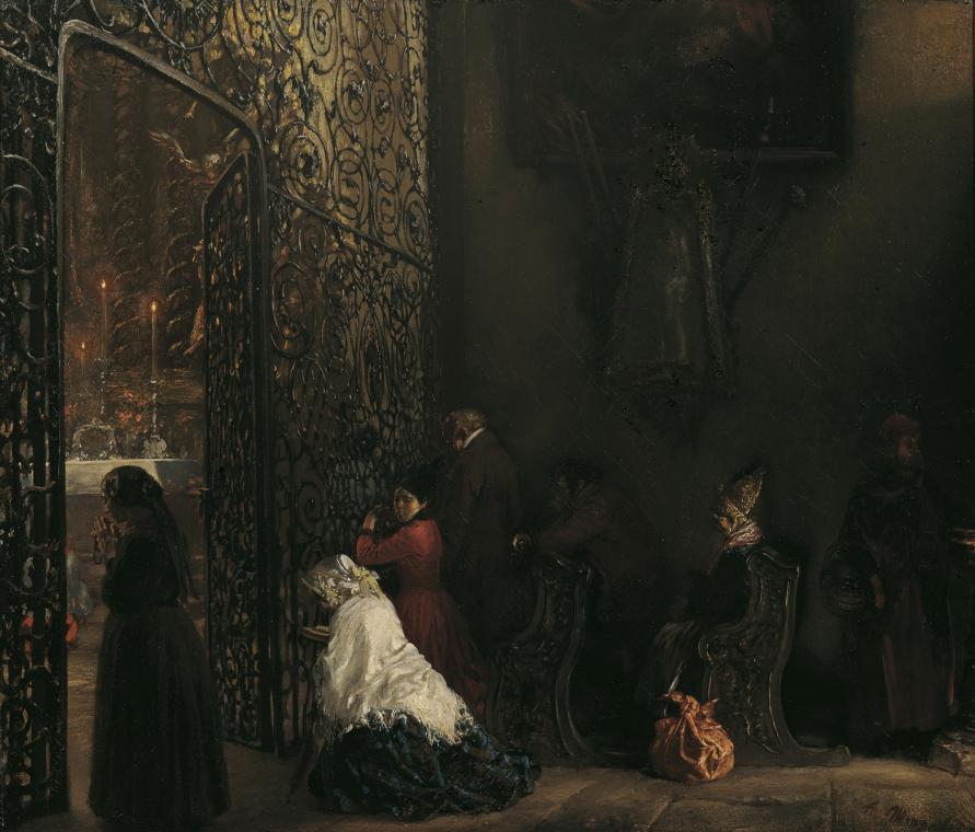 Adolph von Menzel, Frühmesse, um 1852, Öl auf Leinwand, 58,5 x 68,5 cm, Belvedere, Wien, Inv.-N…