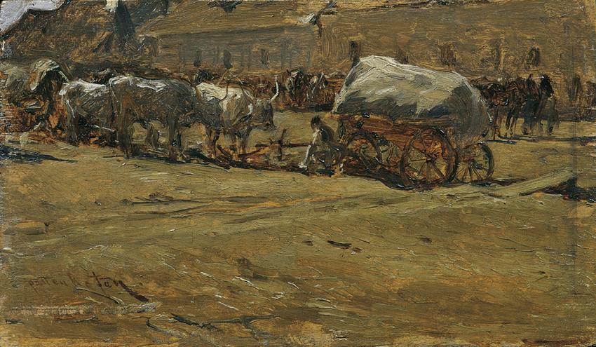 August von Pettenkofen, Ungarische Ochsengespanne, 1874, Öl auf Holz, 10,5 x 18 cm, Belvedere, …
