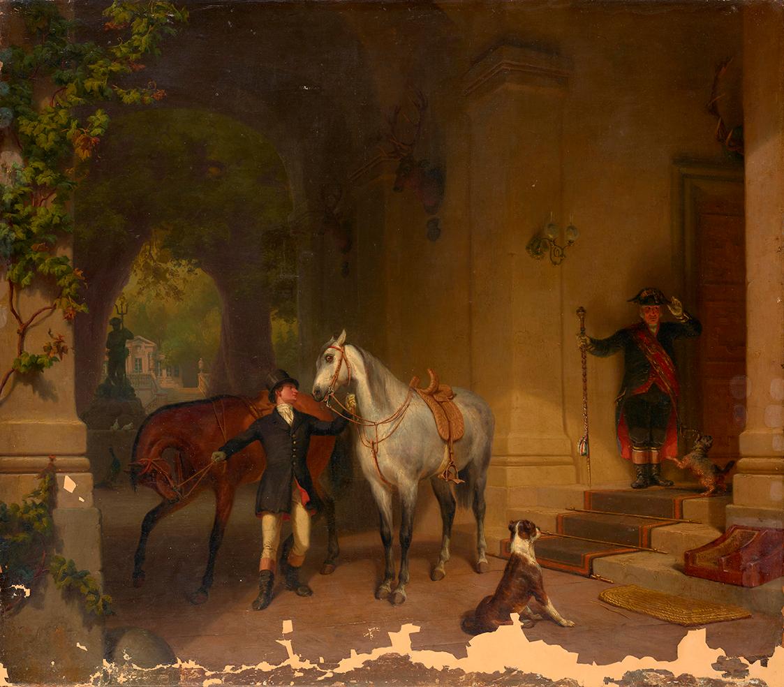 Düsseldorfer Maler um 1850, Reiter mit zwei Pferden vor Schloß, um 1850, Öl auf Leinwand, 60 x …