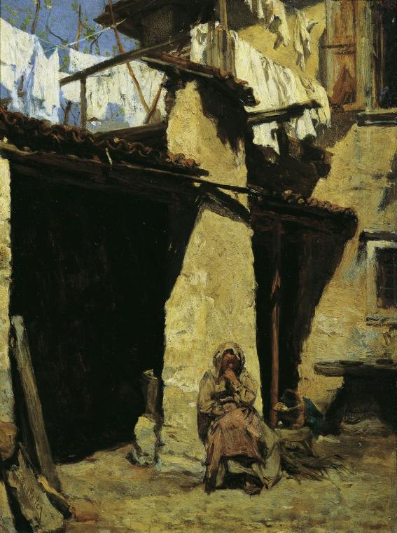 August von Pettenkofen, Neapolitanisches Bauernhaus mit Bäuerin, um 1873, Öl auf Holz, 32 x 25 …