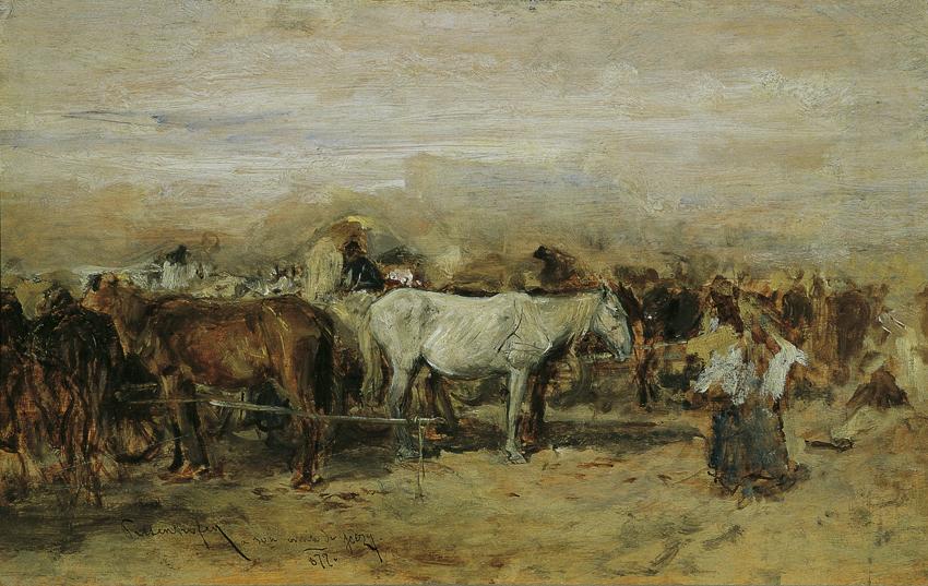 August von Pettenkofen, Pferdemarkt in Szolnok II, 1877, Öl auf Holz, 19,5 x 32 cm, Belvedere, …