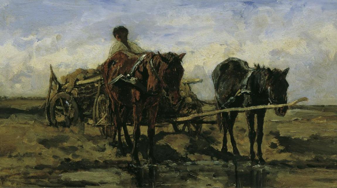 August von Pettenkofen, Ungarisches Bauernfuhrwerk am Wasser, 1870/1880, Öl auf Holz, 43 x 25 c…