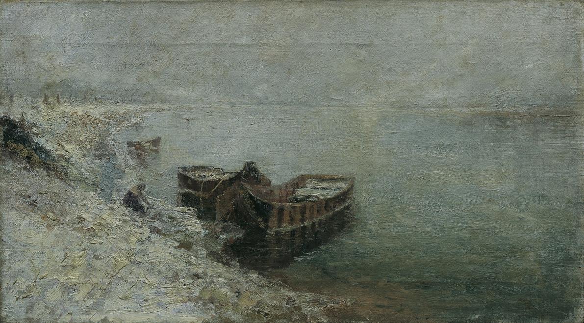 Emilie Mediz-Pelikan, Fischerboote am Donauufer, 1890, Öl auf Leinwand, 30 x 54 cm, Belvedere, …