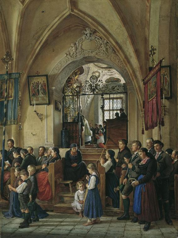 Emanuel Stöckler, Inneres der Pfarrkirche von Aussee, 1882, Mischtechnik auf Karton, 89 x 67 cm…