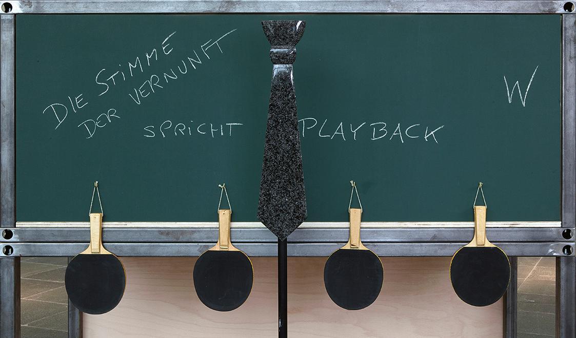 Peter Weibel, Die Stimme der Vernunft spricht Playback, 1990, Tischtennisschläger, Schultafel, …