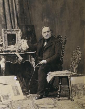 Unbekannter Künstler, Erasmus Engerth am Schreibtisch, um 1870, Schwarzweißfoto Braun getönt, 5…