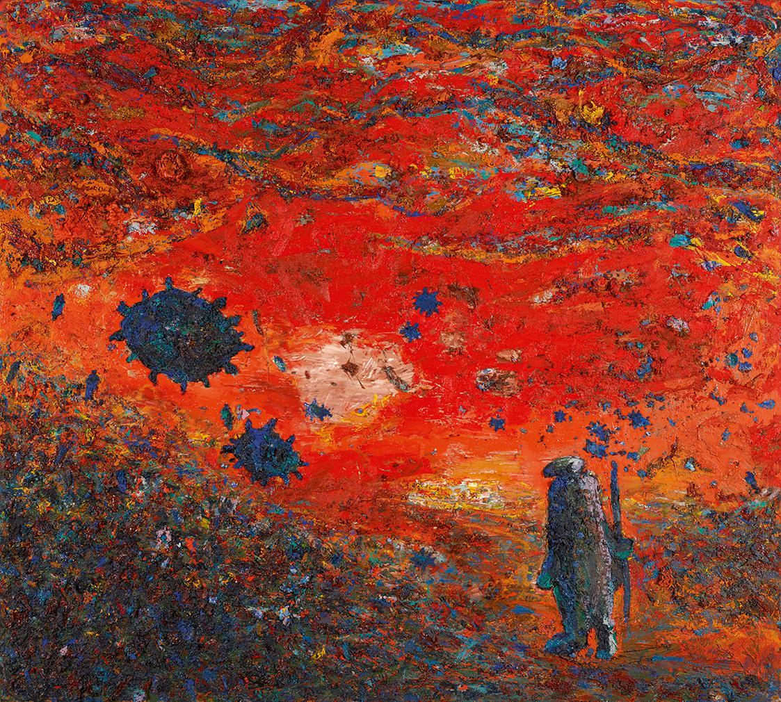 Gunter Damisch, Der Wanderer, 1991, Öl auf Leinwand, 180 × 200 × 6 cm, Schenkung Sammlung Plone ...