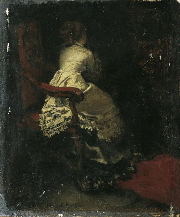 Albert von Keller, Dame im Lehnstuhl, 1876, Öl auf Holz, 24 x 20 cm, Belvedere, Wien, Inv.-Nr. …