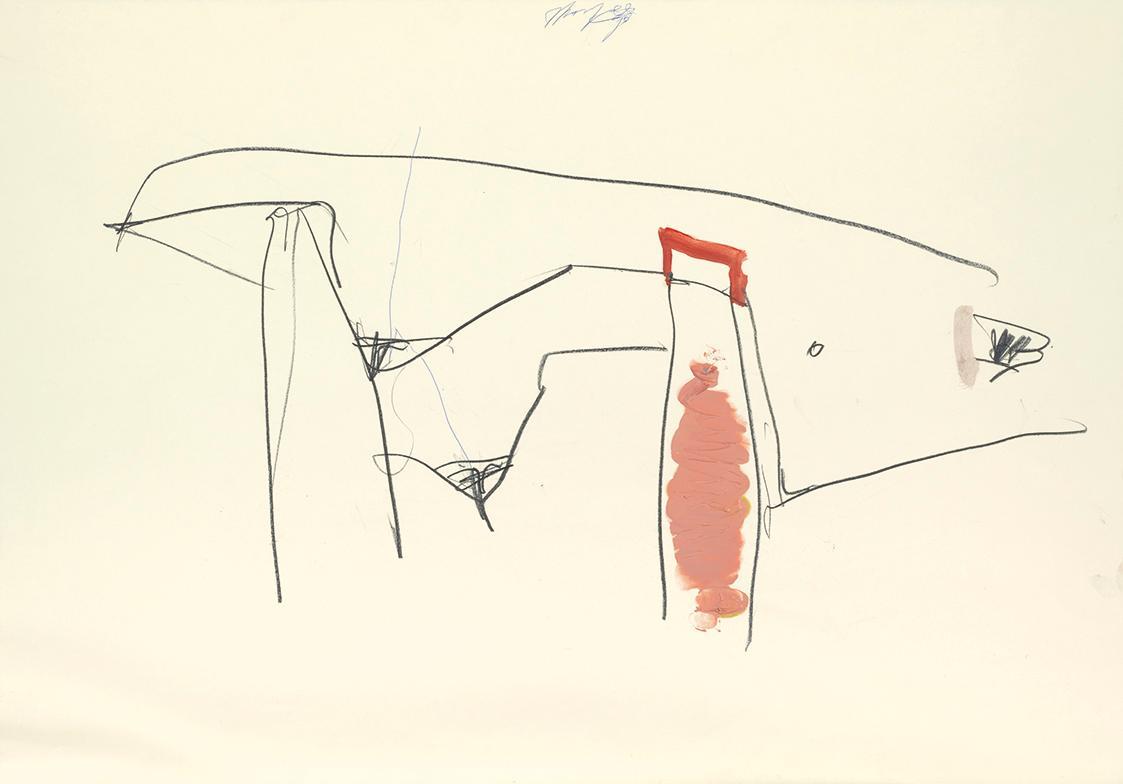 Jürgen Messensee, Akt (liegend mit hellrot), 1996, Kreide und Öl auf Papier, 70 × 100 cm, Schen…