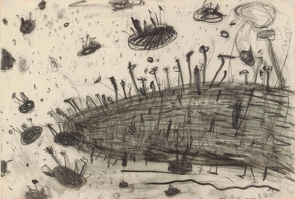 Gunter Damisch, Ohne Titel, 1987, Kohle auf Papier, 60 × 85 cm, Schenkung Sammlung Ploner, Belv…