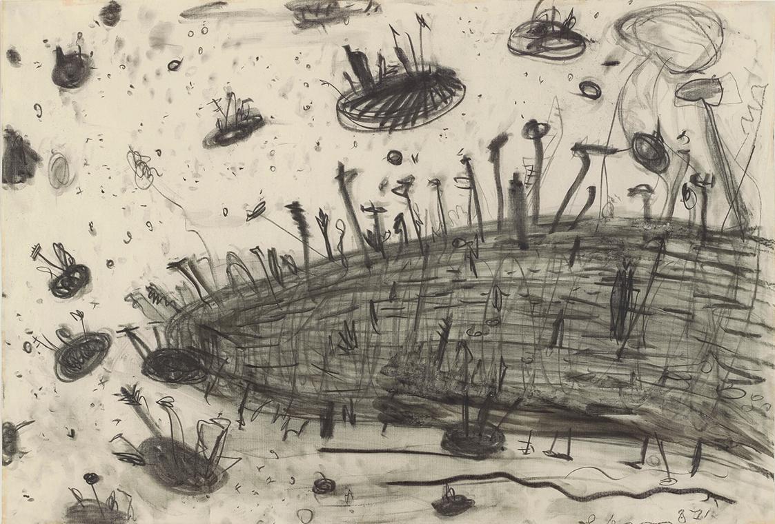 Gunter Damisch, Ohne Titel, 1987, Kohle auf Papier, 60 × 85 cm, Schenkung Sammlung Ploner, Belv…