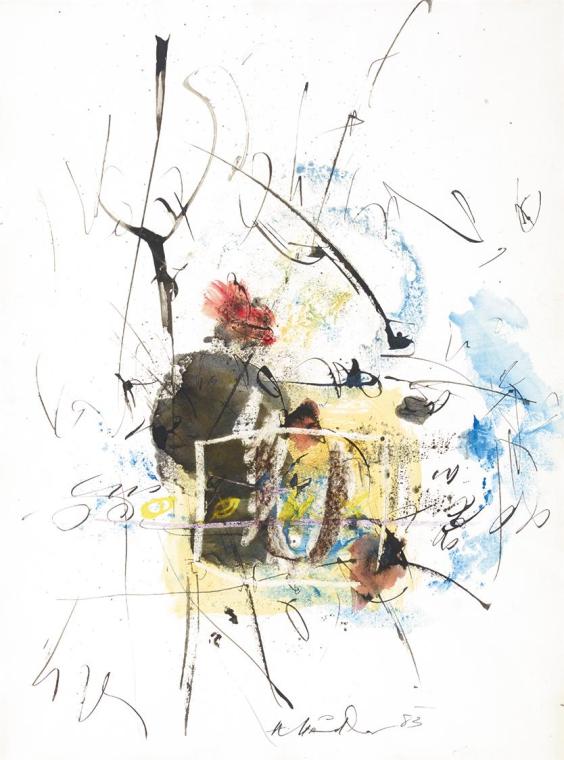 Hans Staudacher, Abstrakt mit kräftigeren Farben, 1983, Gouache auf Papier, 70 × 60 cm, Schenku…
