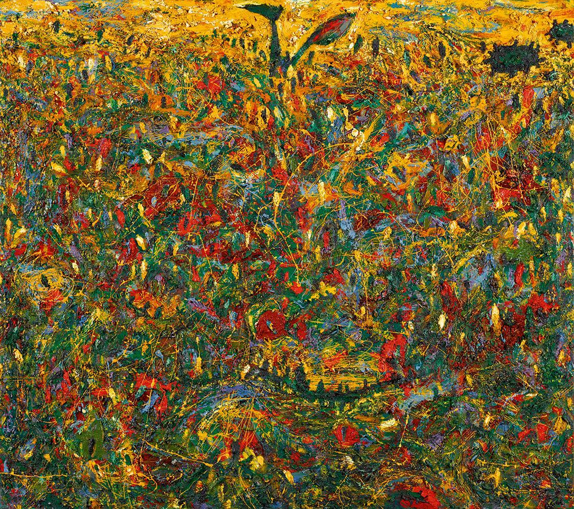 Gunter Damisch, Querfeldflimmern, 1996, Öl auf Leinwand, ungerahmt: 160 × 180 × 10 cm, Schenkun ...