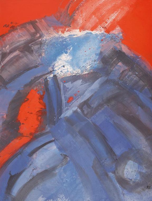 Josef Mikl, Der blaue Schreitende, 1992, Öl auf Leinwand, 198 × 150 cm, Schenkung Sammlung Plon…
