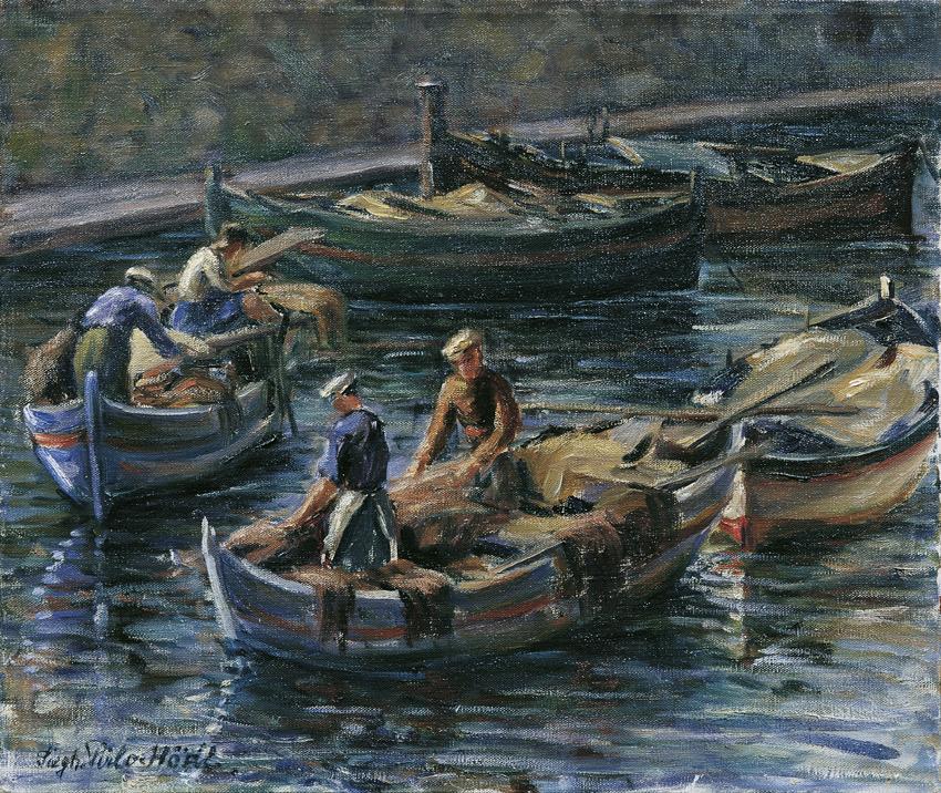 Sieghilde Pirlo-Hödl, Nach dem Fischfang, undatiert, Öl auf Leinwand, 45 x 54 cm, Belvedere, Wi…