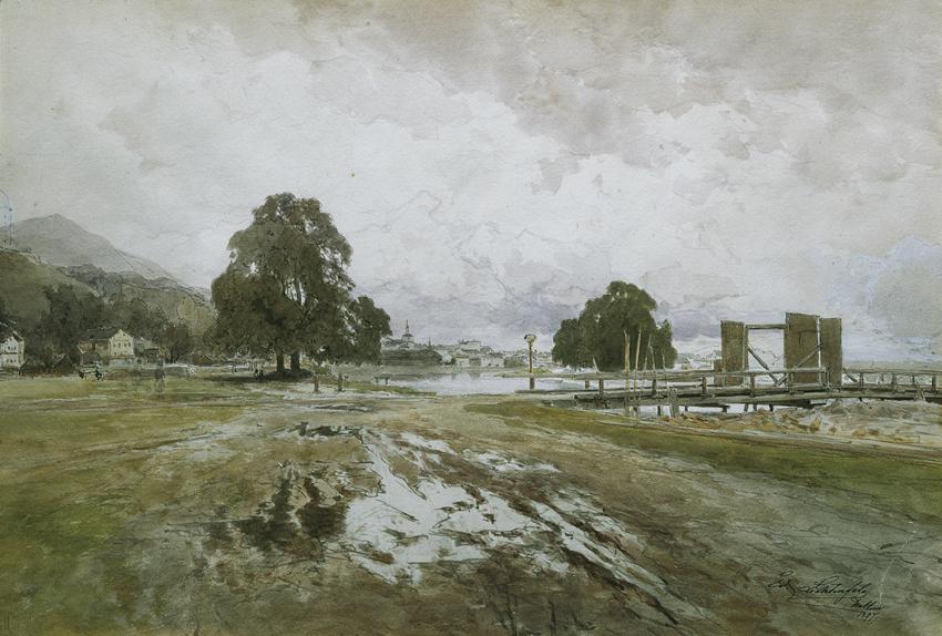 Eduard Peithner von Lichtenfels, Am Holzrechen, 1897, Aquarell und Gouache über Feder in Schwar ...