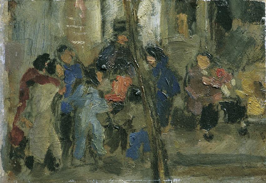 Friedrich Hermann Schiff, Spielzeugverkäufer, Shanghai, um 1945, Öl auf Karton, 22 x 32 cm, Bel ...