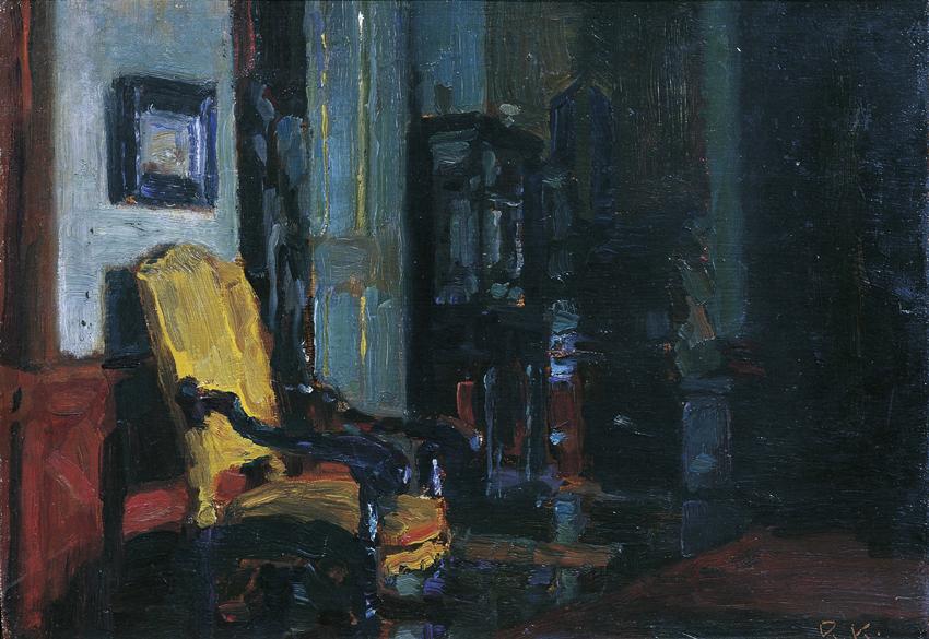 Rudolf Konopa, Interieur (Schloss Dioseg bei Pressburg), 1926, Öl auf Leinwand auf Karton, 28,5…