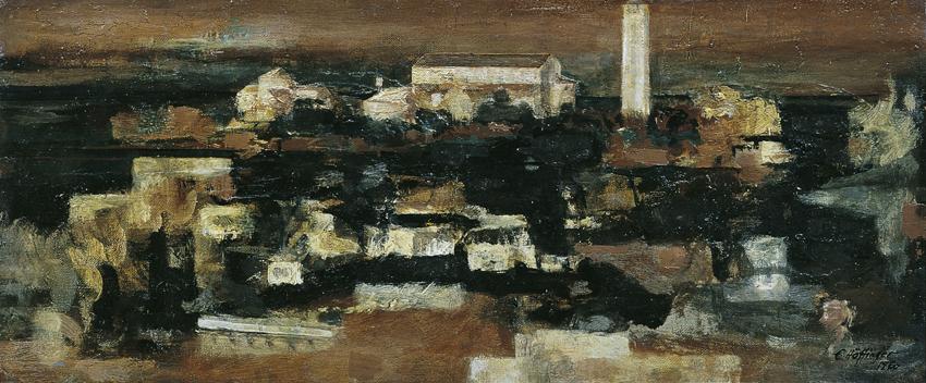 Ernst Höffinger, Torcello, 1960, Öl auf Leinwand auf Hartfaserplatte, 21 x 50 cm, Artothek des …