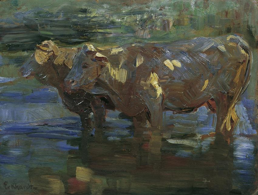 Viktor Eckhardt von Eckhardsburg, Kühe an der Tränke, vor 1918, Öl auf Karton, 37,5 x 49,5 cm, …