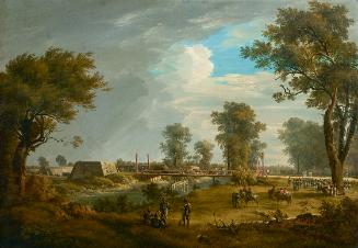 Joseph Rebell, Szene aus den Napoleonischen Kriegen: Brücke in der Lobau mit französischer Infa…