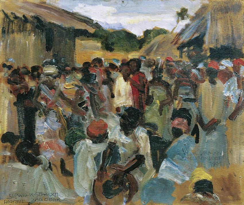 Ludwig Karl Strauch, Straßenszene aus Sansibar (Suahelihochzeit in Sansibar), 1901, Öl auf Kart…