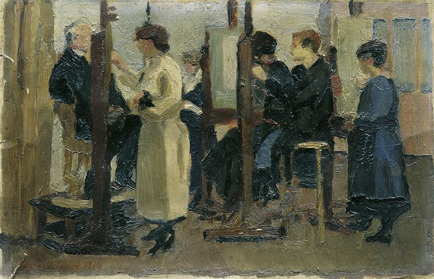 Berta Friederike Grünberg, Im Atelier, 1914, Öl auf Karton, 15 x 23,5 cm, Belvedere, Wien, Inv.…